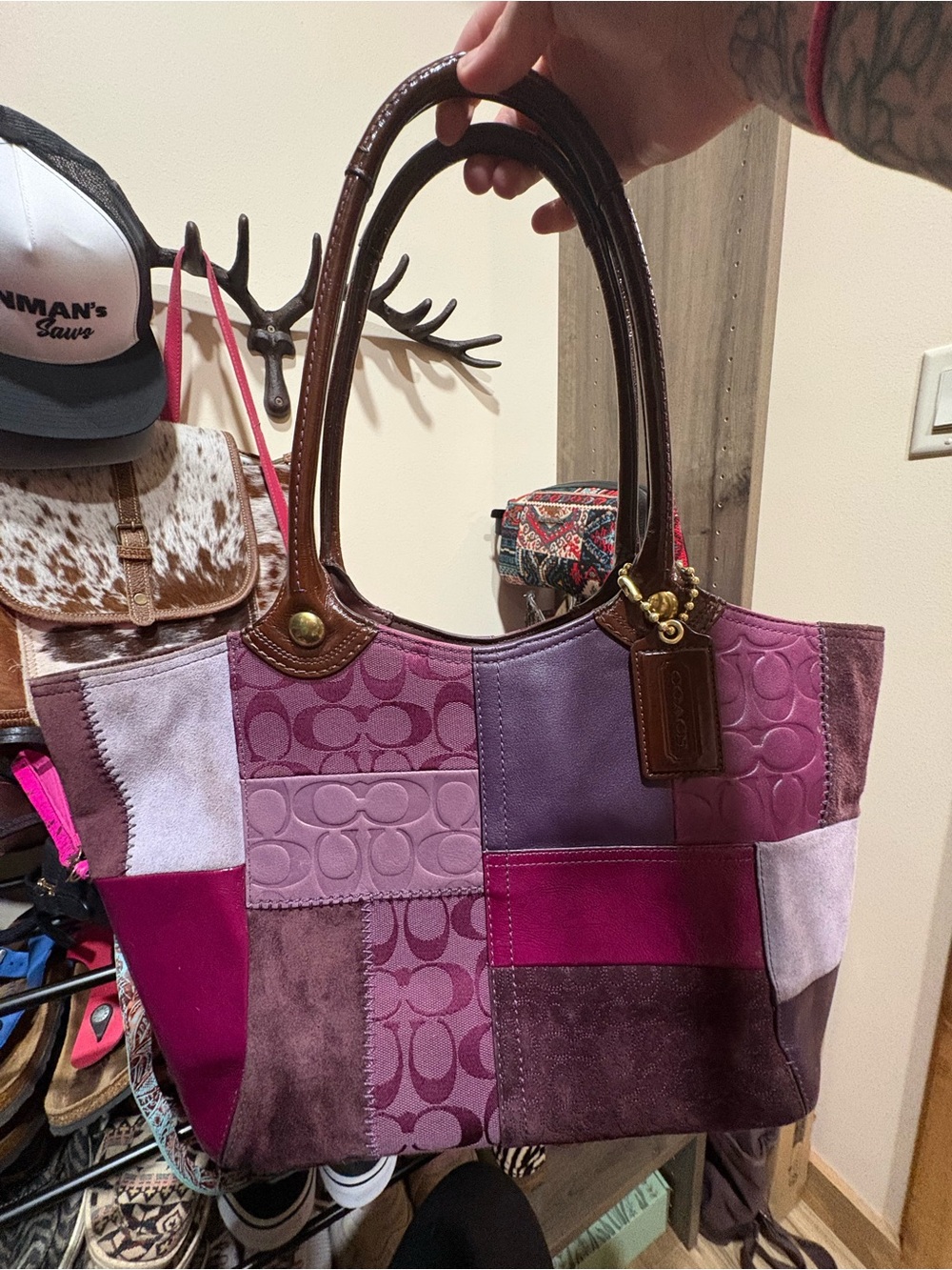 Coach Patchwork Tote in Pink and Magenta with Brown Leather Handles